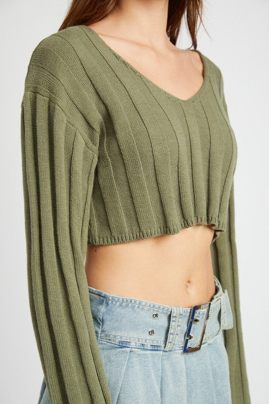 WIDE RIB LONG SLEEVE V NECK TOP - Always24