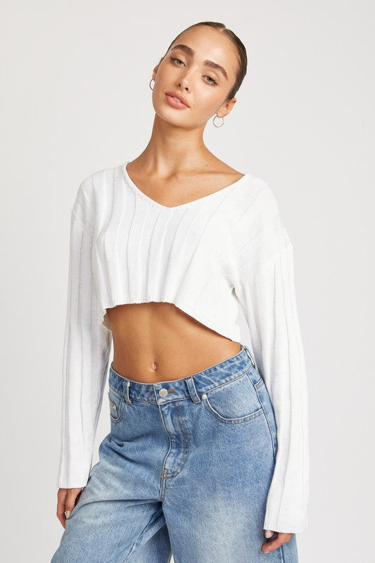 WIDE RIB LONG SLEEVE V NECK TOP - Always24