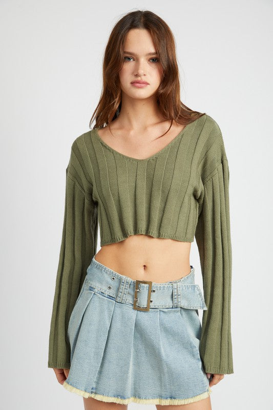 WIDE RIB LONG SLEEVE V NECK TOP - Always24
