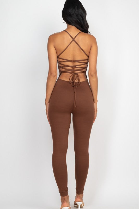 Criss-Cross Open Back Bodycon Jumpsuit - Always24