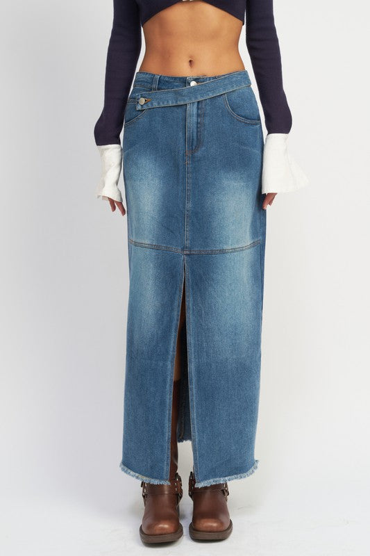 BELT DETAIL DENIM SKIRT WITH FRONT SLIT - Always24