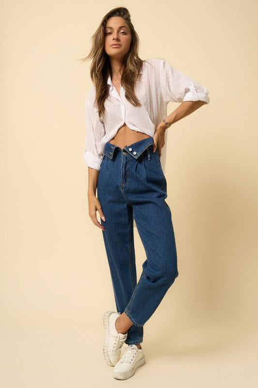 HIGH RISE FLAP WAISTED RELAXED JEANS - Always24