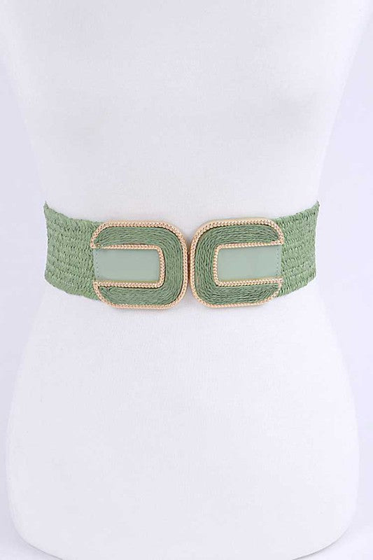 Double Buckle Faux Straw Elastic Belt