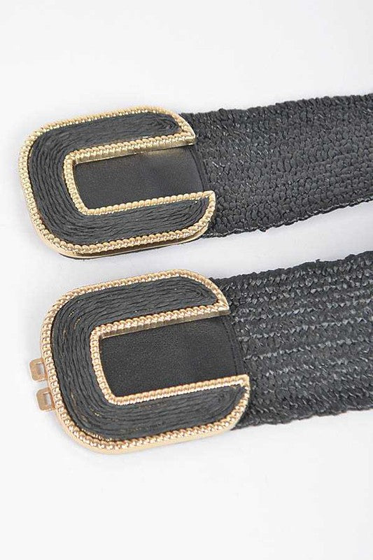 Double Buckle Faux Straw Elastic Belt - Always24