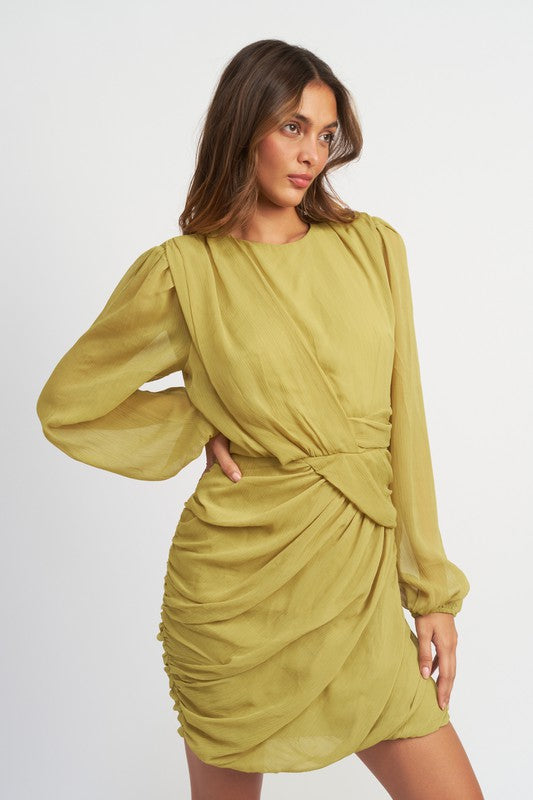 LONG SLEEVE RUCHED MINI DRESS - Always24
