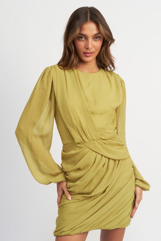 LONG SLEEVE RUCHED MINI DRESS - Always24