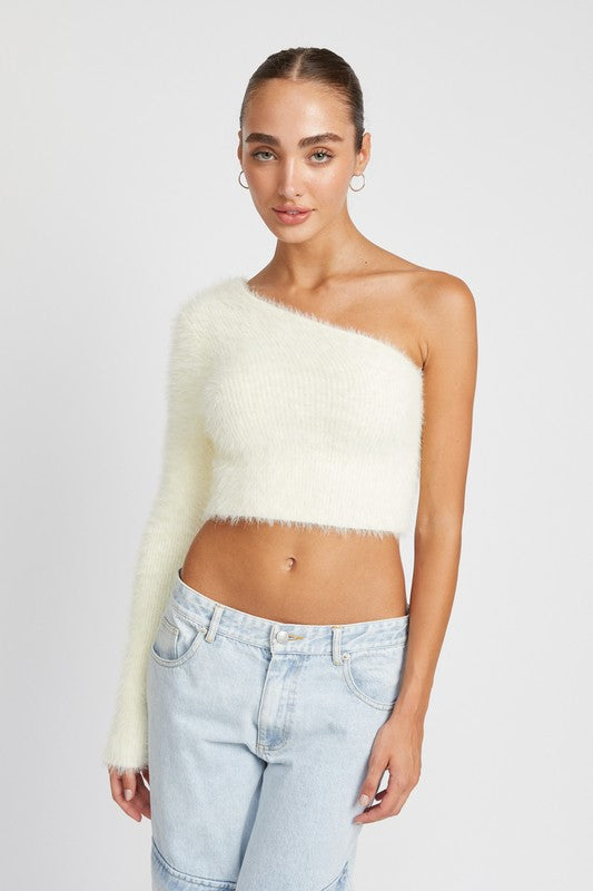 ONE SHOULDER FLUFFY SWEATER TOP - Always24