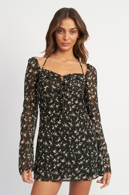 FLORAL LONG SLEEVE DRESS WITH HALTER DETAIL - Always24