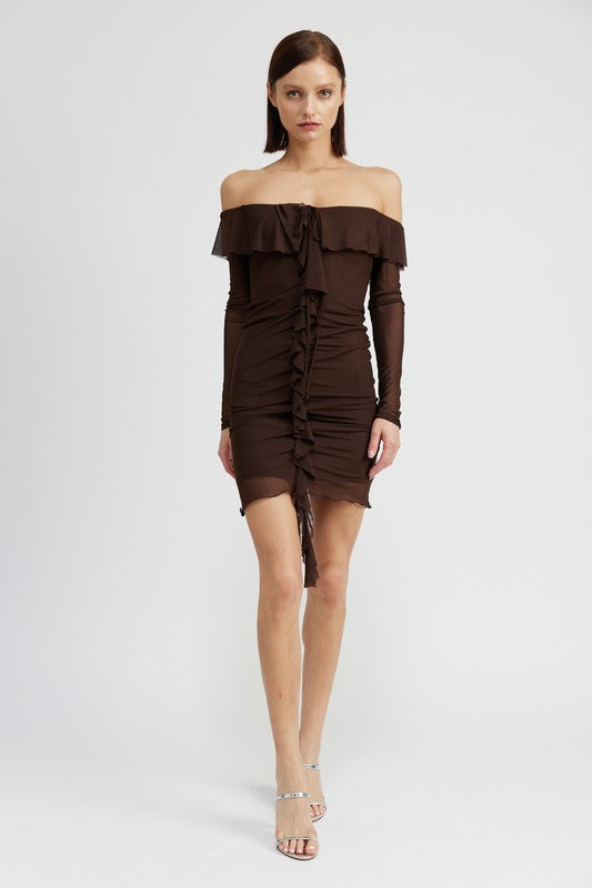 OFF SHOULDER MINI DRESS WITH RUFFLE DETAIL - Always24