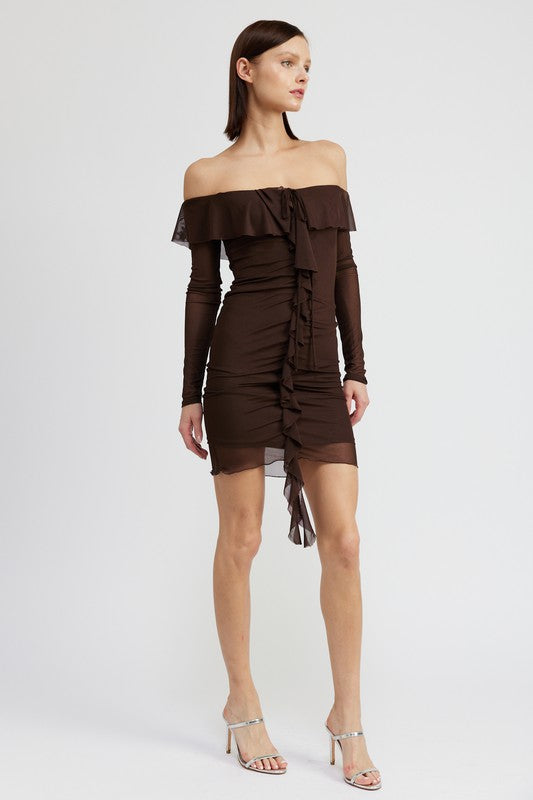 OFF SHOULDER MINI DRESS WITH RUFFLE DETAIL - Always24