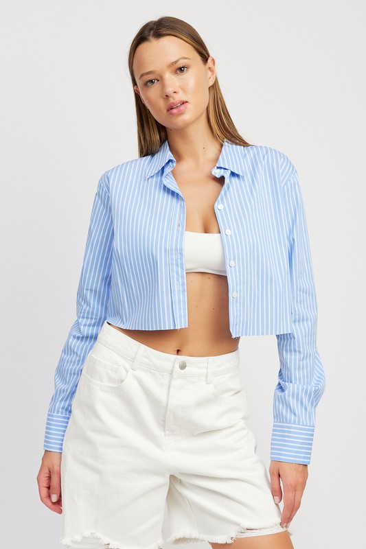 STRIPED CROPPED SHIRT WITH CUT EDGE - Always24
