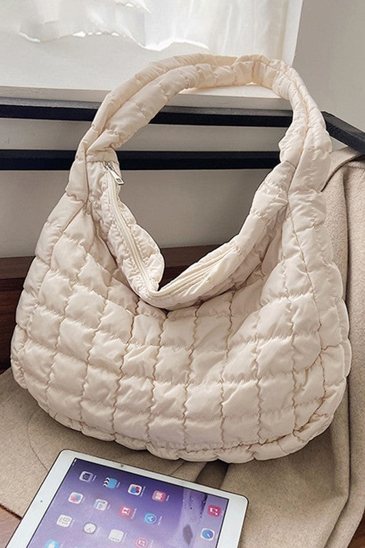 Beige Quilted Zipper Large Jennie Shoulder Bag - Stylish & Spacious