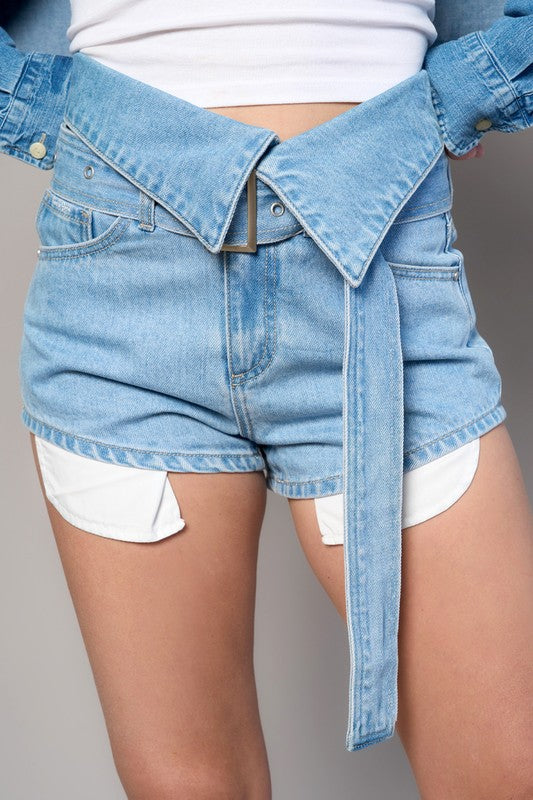 Always24 High Rise Flap Waist Belted Denim Shorts