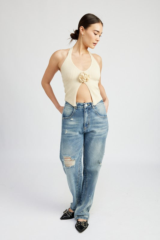 ROSETTE SPLIT FRONT HALTER TOP - Always24