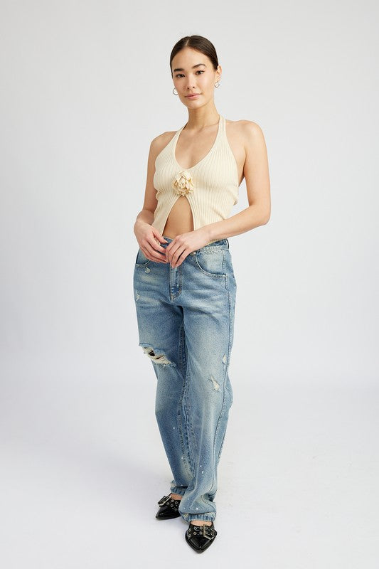 ROSETTE SPLIT FRONT HALTER TOP - Always24