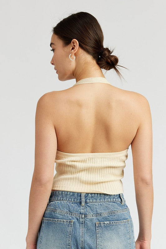 ROSETTE SPLIT FRONT HALTER TOP - Always24