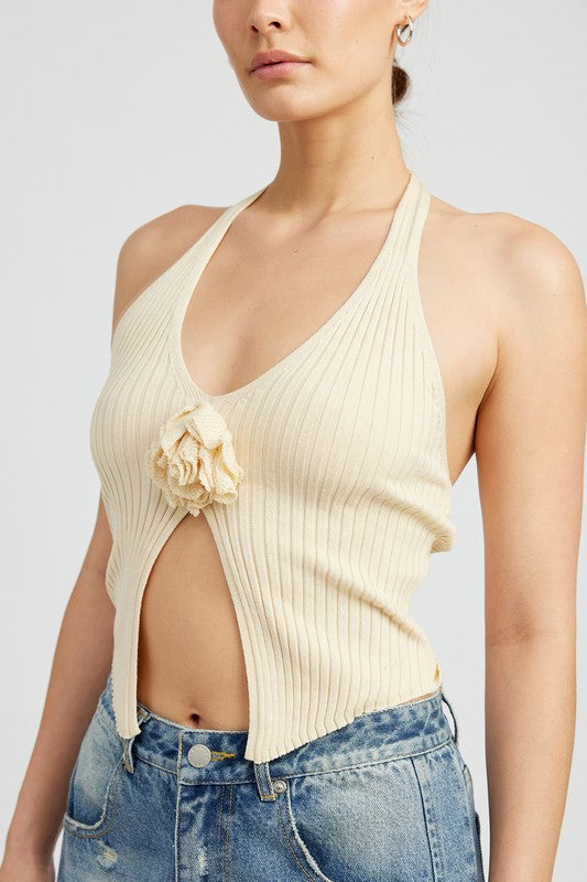 ROSETTE SPLIT FRONT HALTER TOP - Always24