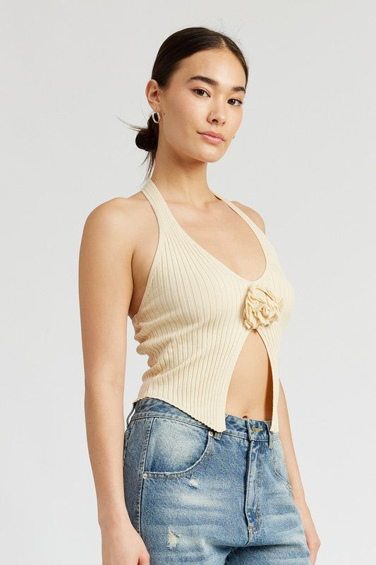 ROSETTE SPLIT FRONT HALTER TOP - Always24