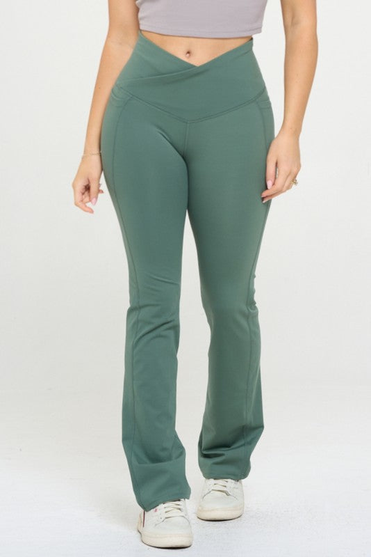 Always24 Women Crossover Flare Legging High Waisted Pockets - Always24