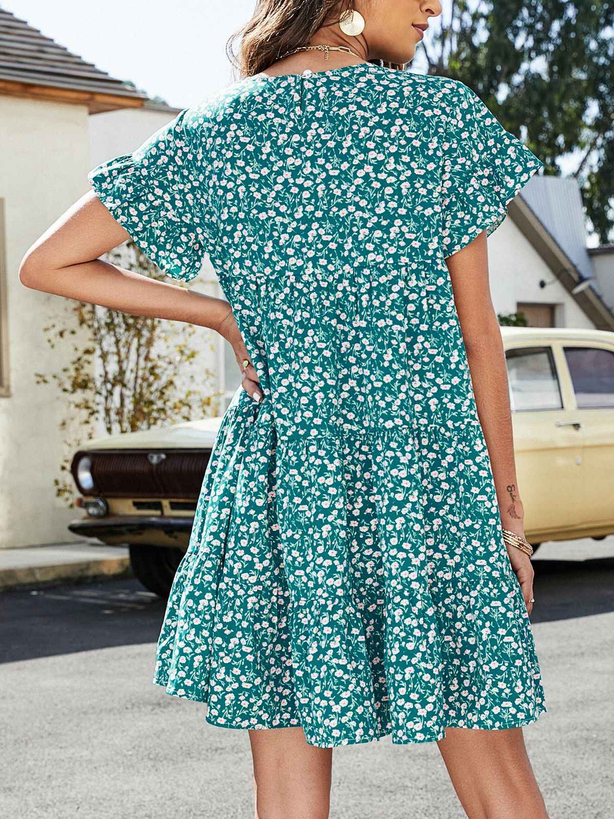 Always24 Short Flounce Sleeve Tiered Dress