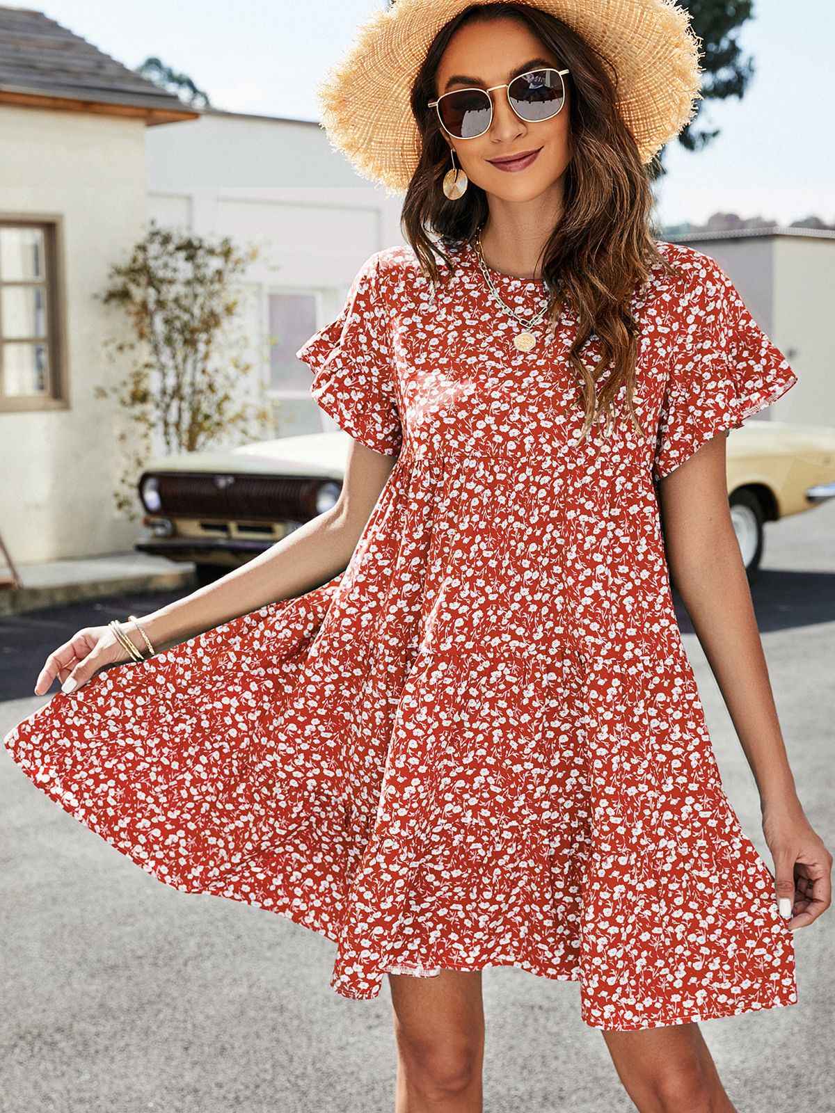 Always24 Short Flounce Sleeve Tiered Dress