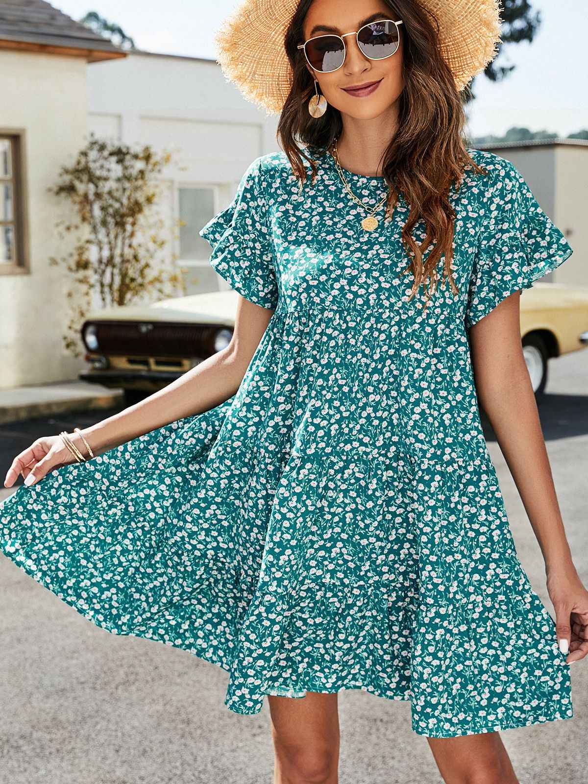 Always24 Short Flounce Sleeve Tiered Dress