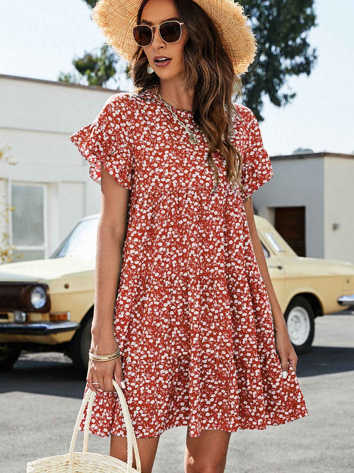 Always24 Short Flounce Sleeve Tiered Dress