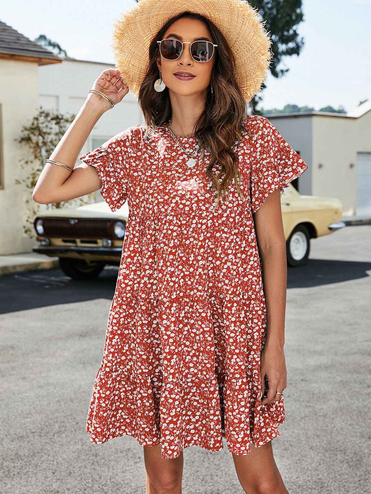 Always24 Short Flounce Sleeve Tiered Dress