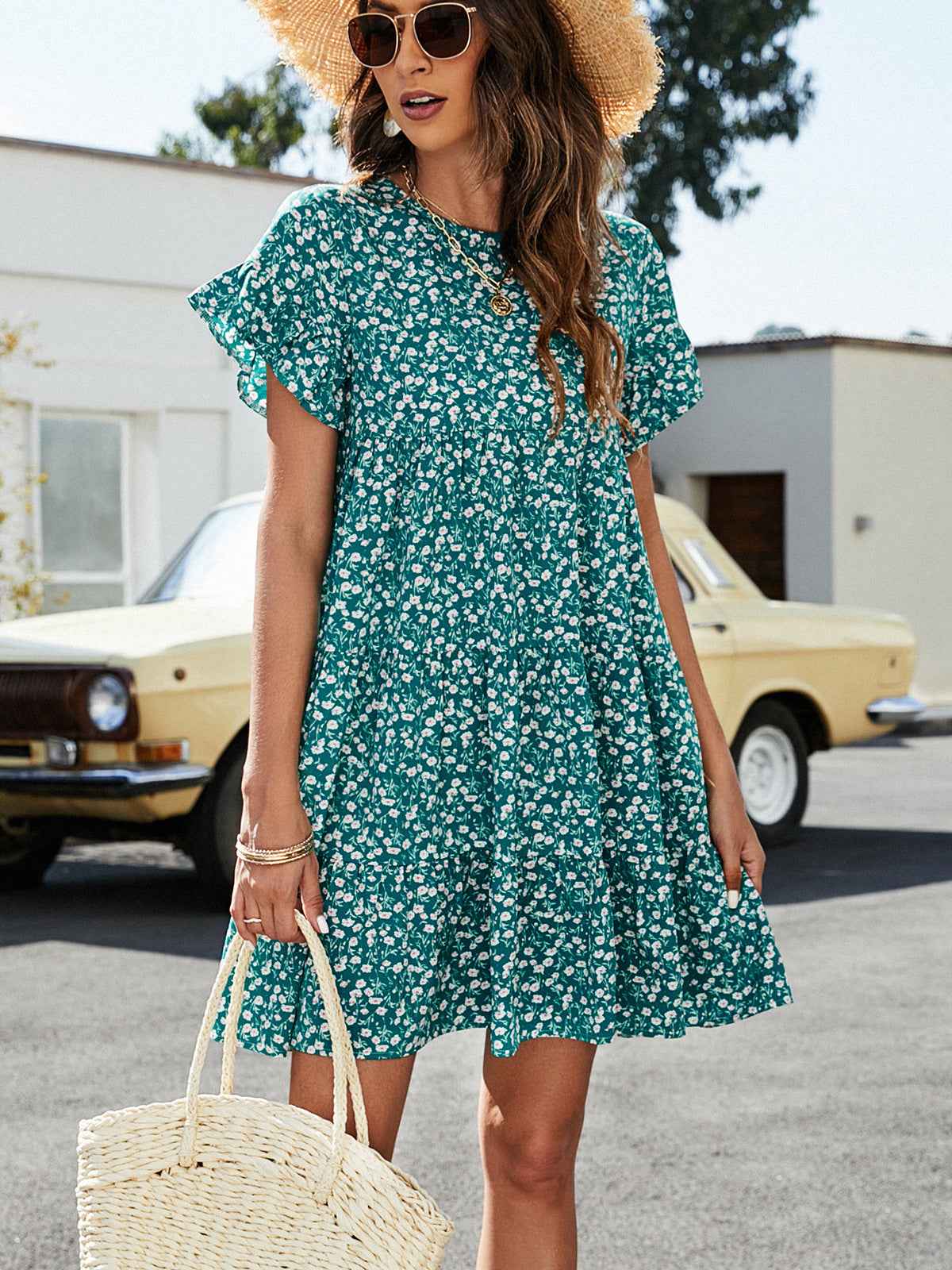 Always24 Short Flounce Sleeve Tiered Dress