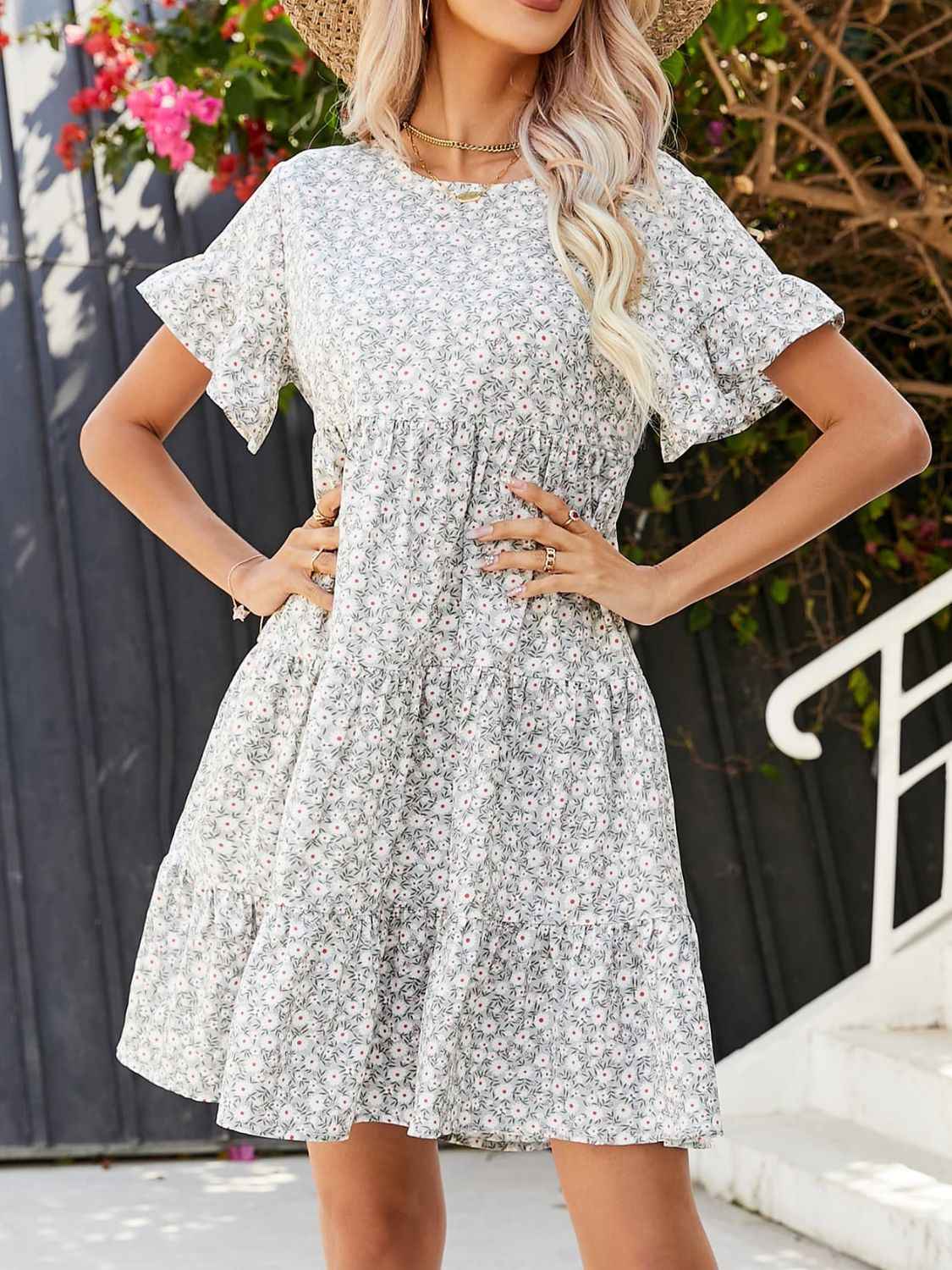 Always24 Short Flounce Sleeve Tiered Dress