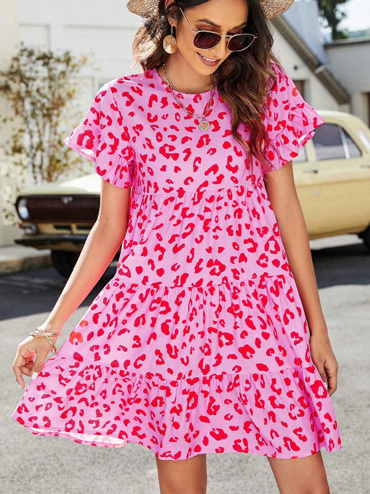 Always24 Short Flounce Sleeve Tiered Dress