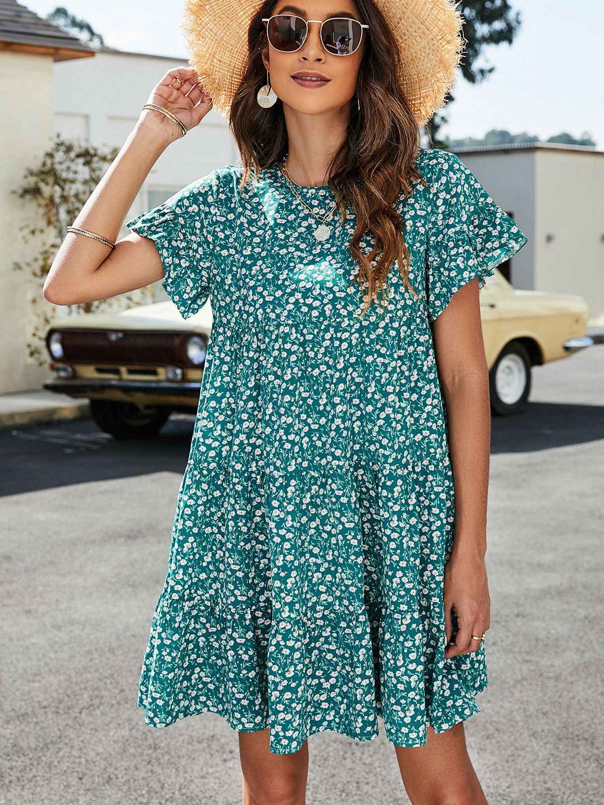 Always24 Short Flounce Sleeve Tiered Dress