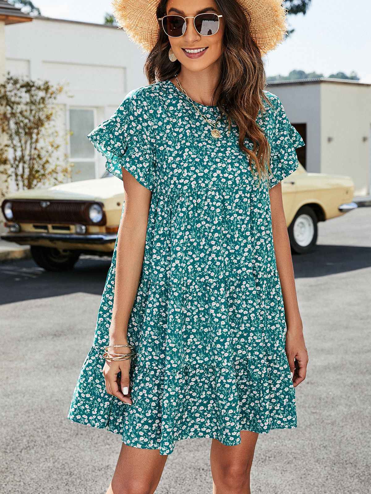 Always24 Short Flounce Sleeve Tiered Dress