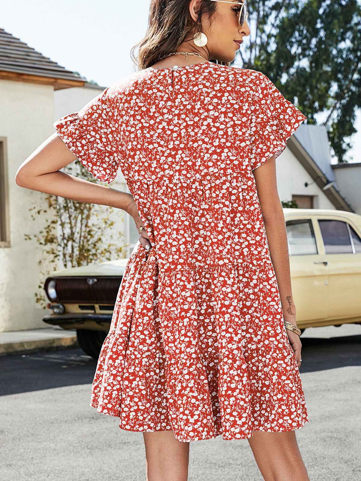 Always24 Short Flounce Sleeve Tiered Dress